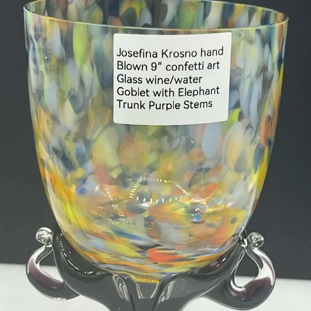 Jozefina Krosno Poland Wine Set of 2 Glass Goblets Multi Color Confetti  9